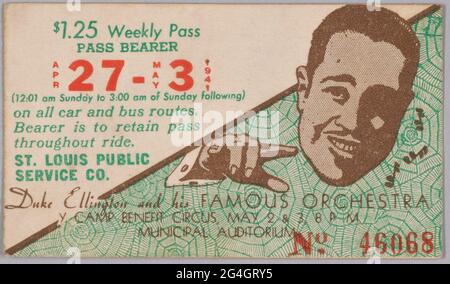 The pass features information about the Y Camp Benefit Circus featuring Duke Ellington and his Famous Orchestra. The pass is half-cream colored, half-green web patterned pass with additional text and a graphic of Duke Ellington on left. Stock Photo