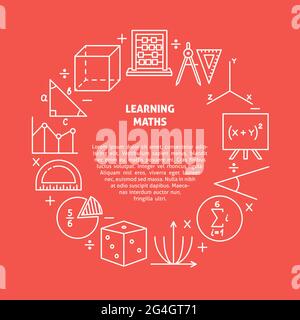 Learning maths round banner in line style with place for text. Vector illustration. Stock Vector
