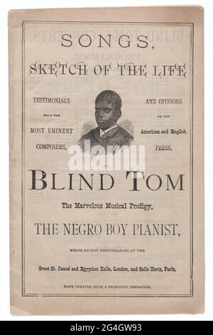 A pamphlet containing a summary of Blind Tom's life with lyrics to songs. Blind Tom Wiggins (1849-1908) was an African-American musician and child prodigy. The pamphlet is printed on off white paper with black ink and has thirty two pages. The front cover reads &#x201c;SONGS, / SKETCH OF THE LIFE&#x201d; at the top with a black-and-white image of Blind Tom. &#x201c;TESTIMONIALS / FROM THE / MOST EMINENT COMPOSERS&#x201d; is printed on the left side of the image and &#x201c;AND OPINIONS OF THE / American and English / PRESS&#x201d; is printed on the right side. Printed below the image is &#x201 Stock Photo