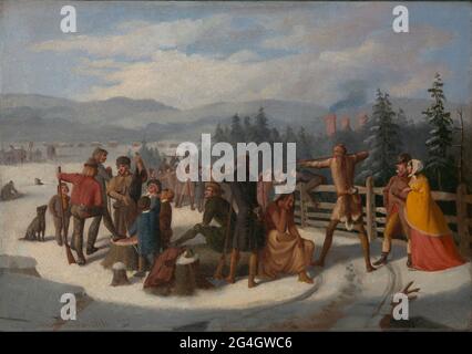 Scenes from the Pioneers by Cooper, Deerslayer at the Shooting Match, ca. 1850. Stock Photo