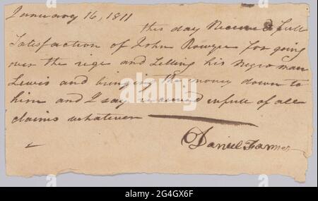 This document is from a collection of financial papers related to the plantation operations of several generations of the Rouzee Family in Essex County, Virginia. The papers date from the 1790s through 1860. This handwritten, single page document is a payment receipt signed by Daniel Farmer for the hiring out of an enslaved man, Lewis, by John Rouzee. The receipt is dated January 16, 1811 at the top. The document is written in black ink. There are no inscriptions on the reverse. Stock Photo