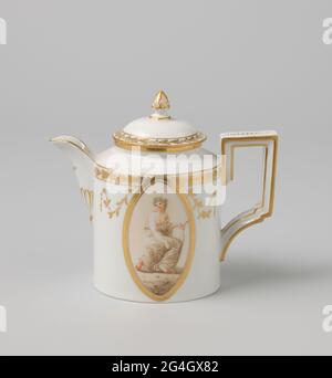 Milk jug, belonging to coffee and tea sets, painted with women or putti in ovals against red fond. Milk jug, belonging to a coffee and tea set, multi-colored painted with ovals in which women's figures or putti in brown on a soil against a red fond. Along the edges a golden flower and leaf drink. Flammed f of 1, 2, 3 and 10 separated by a lying indent in underglazing blue. Stock Photo