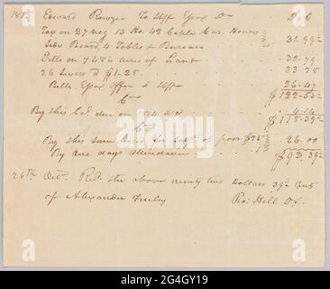 This document is from a collection of financial papers related to the plantation operations of several generations of the Rouzee Family in Essex County, Virginia. The papers date from the 1790s through 1860. This handwritten, single page document is an accounting of taxes owed to the Sheriff of Essex County by Edward Rouzee for the year 1815. The taxable property is listed as &quot;27 neg. 13 Ho. 42Cable Car. Horses, side board, 4 tables + Bureau,&quot; seven hundred forty-eight and one quarter (748 1/4) acres of land and twenty six (26) levies. It is noted at the bottom that payment was recei Stock Photo