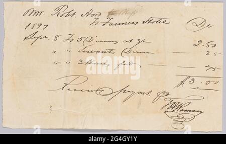 This document is from a collection of financial papers related to the plantation operations of several generations of the Rouzee Family in Essex County, Virginia. The papers date from the 1790s through 1860. This handwritten, single page document is a receipt given to Mr. Robert Hord for meals served at the Farmers Hotel. The receipt itemizes &quot;5 dinners, servants' dinners, and 3 horses fed.&quot; The receipt is dated September 8, 1819. The document is written in black ink. Stock Photo