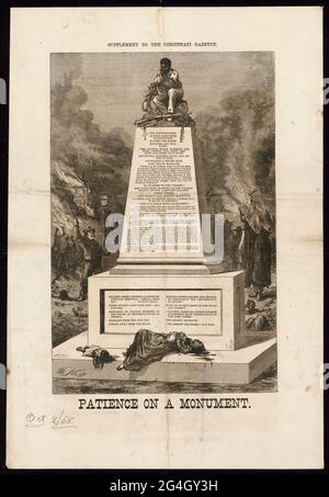 A rare broadside supplement to the Cincinnati Gazette, &quot;Patience on a Monument,&quot; shows a freed slave sitting atop a monument that lists evils perpetrated against blacks. A dead woman and children lie at the bottom of the monument, while violence and fires rage in the background. Stock Photo