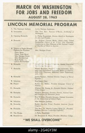 The purpose of the 1963 March on Washington for Jobs and Freedom  was to advocate for the civil and economic rights of African Americans. Program from the March on Washington for Jobs and Freedom at the Lincoln Memorial. The program is a single page folded in half to create a booklet. The top of the front page has the march title and date in large black letters underlined by a black decorative border. Under the essay are the names and affiliations of the movement leaders and supporters. On the right hand page is a formal list of demands of the movement. Among those taking part are Martin Luthe Stock Photo