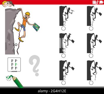Cartoon illustration of finding the shadow without differences educational game for children with climber character Stock Vector