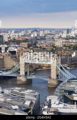 Tower Bridge London - view from the Shard of Tower Bridge and the River Thames, London UK Stock Photo