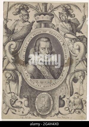 . Portrait of Georg Wilhelm, Keurvorst van Brandenburg and Duke of Prussia, below are motto in Latin. The portrait is caught in an ornamental frame with allegorical figures, the coat of arms of the portrayed and a marshage with the name and function of the portrayed in Latin. Print from a series with Emperor Matthias and Keurvorsten from the Holy Roman Empire. Stock Photo