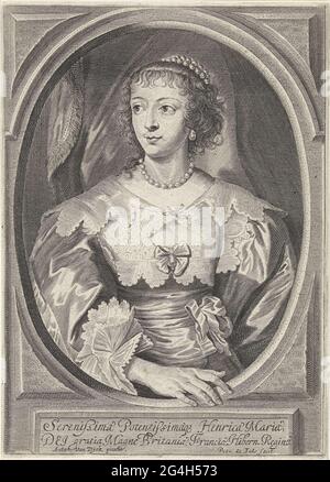 . Bust portrait of Henriette Maria. The portrait is caught in an oval picture frame, her right hand rests on the edge. In the context below the frame a two-legged caption in Latin. Stock Photo