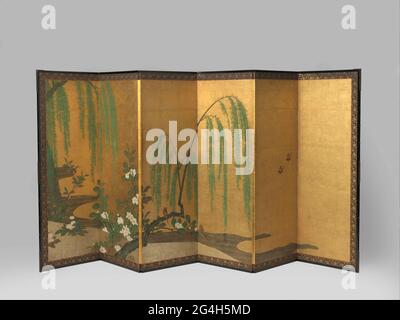 . Japanese paintings often depict a specific seasonal moment. The cherry blossoms on the snow-covered prunus branches at right show that the worst of the winter cold is over. The left-hand screen has springflowering plants, which together with the new green shoots of the willow tree signal the arrival of spring. These screens would have been used for only short periods, in that moment of the year. Stock Photo