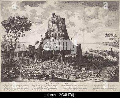 . Under the supervision of King Nimrod and his soldiers are working on the construction of the tower of Babel. In the front floor on the left, the king is in his hands with the design for the tower. Front and on the tower workers are in the weather with heels, graves and transport with camels and horses. In the background there are some ships off the coast. In the margin a reference to Gen. 11 and a six-line poem, in four columns, in Dutch. Stock Photo