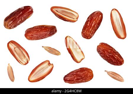 Dates isolated on white background. Top view. Flat lay. Set or collection Stock Photo