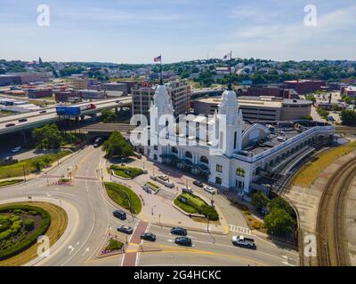 Worcester Union Station aerial view. The station was built in 1911, is a railway station located at 2 Washington Square in downtown Worcester, Massach Stock Photo