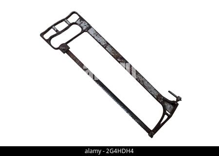 Old hacksaw for metal isolated on a white background. Work concept. Stock Photo