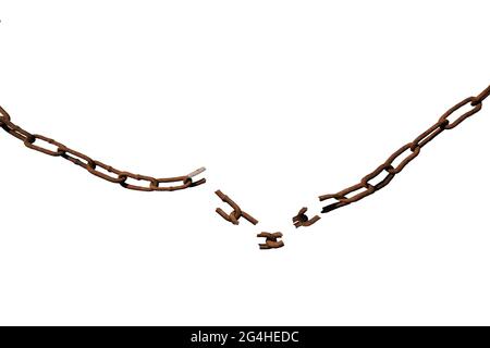 Torn old rusty chain isolated on white background Stock Photo