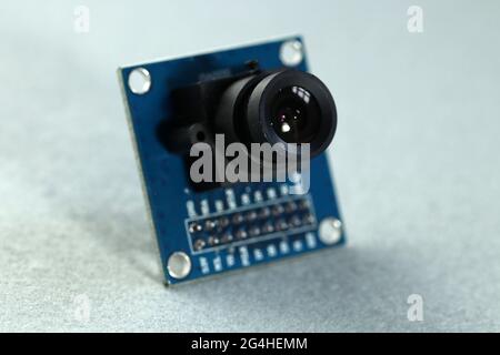 Electronic components. Small video camera for embedding on electronic projects. Close up. Stock Photo