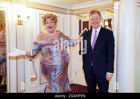Culture Secretary Oliver Dowden poses for a photograph with Michael Ball, who plays Edna Turnblad, on the opening night of the musical Hairspray at the London Coliseum. Picture date: Monday June 21, 2021. Stock Photo