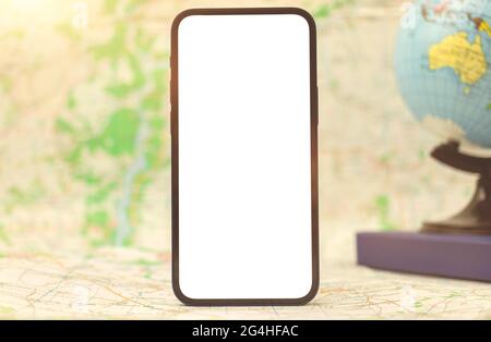 Map navigation mockup background with the globe and city map on the bakcground, mockup photo with blank white screen Stock Photo