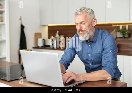 Focused senior male freelancer in smart casual shirt using laptop in the kitchen at home. Mature man working remotely, messaging online Stock Photo