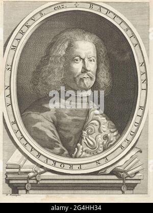 . Portrait of the Venetian writer Baptista Nani. The picture frame of his portrait rests on a piastable on which all kinds of books. Stock Photo
