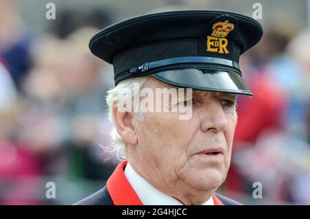 A senior warden of Windsor Castle during ceremony celebrating Queen Elizabeth's Diamond Jubilee in 2012. Royal Windsor employee Stock Photo