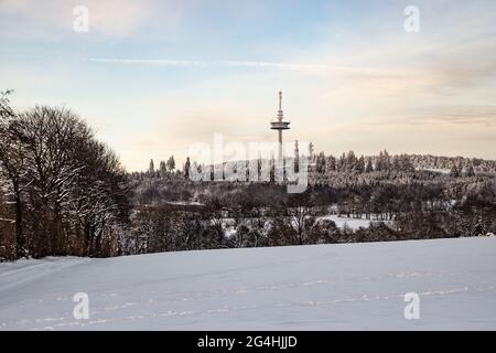 Winter in Vogelsberg with Hoherodskopf in beautiful landscape with snow in Hesse Germany Stock Photo