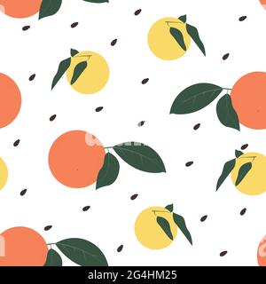 Oranges and lemons with leaves on white background with black seeds Flat design Stock Vector