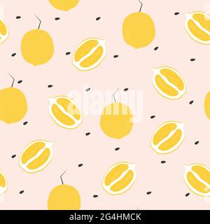 Whole and halves of lemons on light pink backdrop with black seeds Stock Vector