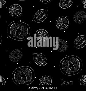 White grapefruits, lemons, and oranges in thin line on black backdrop Stock Vector