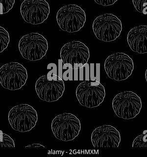 Monochrome print with white peeled tangerines in sketch style on black backdrop Stock Vector