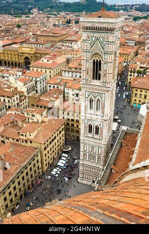 Overview of the Campanile (bell tower) and Florence from the Cathedral dome, Florence, Tuscany, Italy Stock Photo