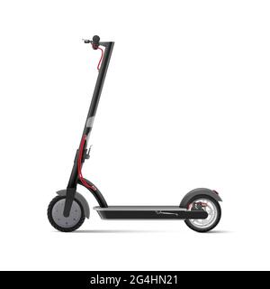 Black electric kick scooter on white background realistic vector illustration. Stock Vector