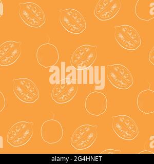 White whole and halves lemons on bright orange background Illustration in thin line Stock Vector