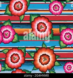 Seamless Banner Mexican floral embroidery pattern, ethnic colorful native flowers folk fashion design. Embroidered Traditional Textile Style of Mexico Stock Vector