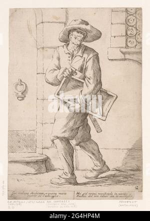 Mason; Street vendors in Bologna; L'ARTI PER VIA. A bricklayer with a bracket and crowbar under his arm, to his belt a measuring status. Italian verse in undermarge. Stock Photo