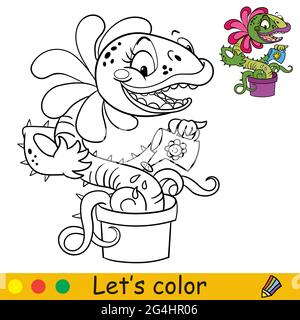 Cute funny carnivorous plant watering himself with a watering can. Coloring book page with colorful template for kids. Vector isolated illustration. F Stock Vector
