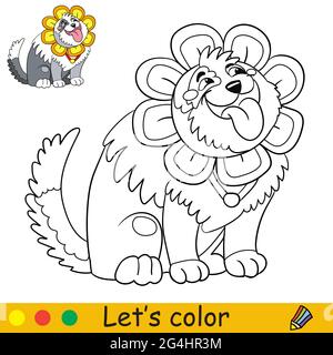 Cute happy big fluffy dog in a flower costume. Coloring book page with colorful template for kids. Vector isolated illustration. For coloring book, pr Stock Vector