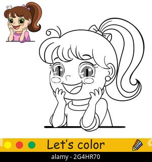 Cute little happy and smiling girl portrait. Coloring book page with colorful template for kids. Vector isolated illustration. For coloring book, prin Stock Vector