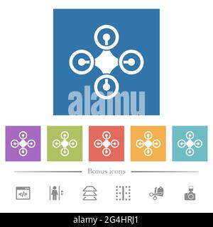 Drone top view solid flat white icons in square backgrounds. 6 bonus icons included. Stock Vector