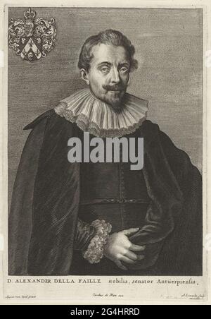 . Portrait of Alexander de la Faille, counselor in Antwerp, with coat of arms in the left top corner. Stock Photo