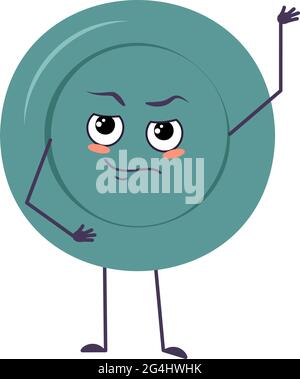 Cute plate character with emotions, face, arms and legs. The funny or proud, domineering dish with eyes for a cafe Stock Vector