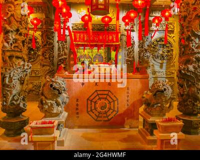 GEORGETOWN, PENANG, MALAYSIA - Feb 02, 2020: Reception of a hotel styled like an ancient Chinese temple altar in Georgetown, Penang, Malaysia on Febru Stock Photo