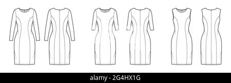 Set of Dresses princess line technical fashion illustration with long elbow short sleeve sleeveless, fitted body, knee length skirt. Flat apparel front, back, white color style. Women, men unisex CAD Stock Vector