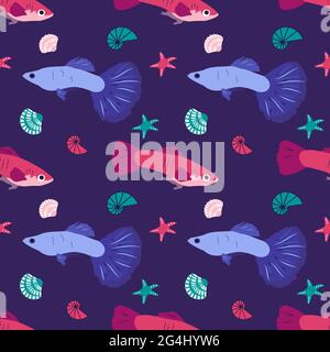 Bright pattern with fantastic fish, starfish and shells Stock Vector