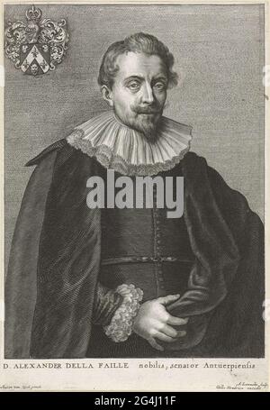 . Portrait of Alexander de la Faille, counselor in Antwerp, with coat of arms in the left top corner. Stock Photo