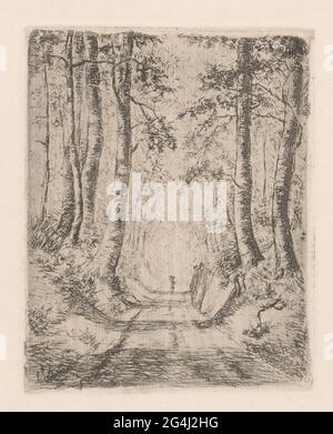 Forest along a hollow road. On the road a figure runs a basket on the head. Stock Photo