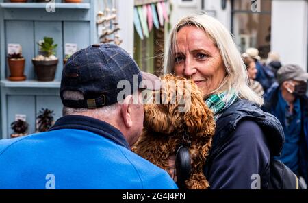 Couple in street market with pet dog, Fowey, Cornwall Stock Photo