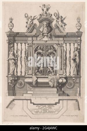 Tomb monument from Remigius du Laury. Remigius du Laury grave monument. At an increase is a tomb for two ornamented doors with acanthus leaves and putti. On either side balusters and two personifications with a cross and the papal tiara. There are two smoke barrels a bust of the deceased. Putti with laurel circuits, palm branches and a cross surround the bust. At the bottom a top view of the monument with a nine-line latin text. Stock Photo