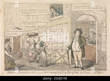 Salesters of strawberries for the window of publisher Samuel W Fores in London; Folkstone Strawberries or More Carraway Comfits for Mary Ann. On the street prices three sellers of strawberries their merchandise. William Pleydell-Bouverie, Viscount Folkestone, curses the street vendors hanging out of the window on the first floor. John Bull comments on the scene, standing in front of the doorway of the store. Inside a seller is behind the counter. Stock Photo